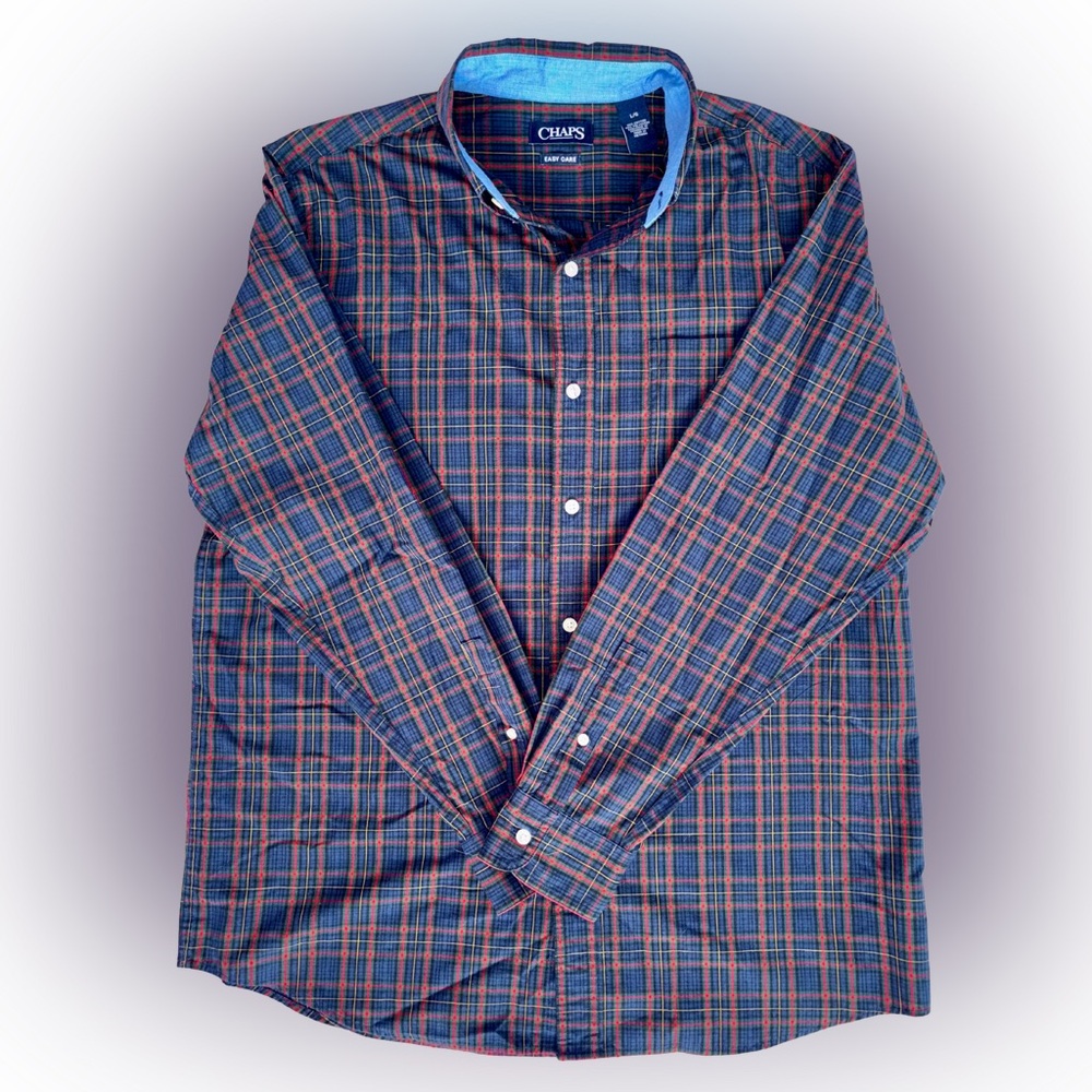 Chaps Blue, Red, Green Plaid Button Down Dress Shirt Size L Easy Care Line